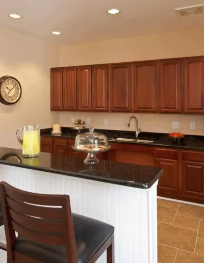A modern clubhouse kitchen and bar area featuring dark wood cabinetry, black granite countertops, stainless steel appliances, and leather barstools
